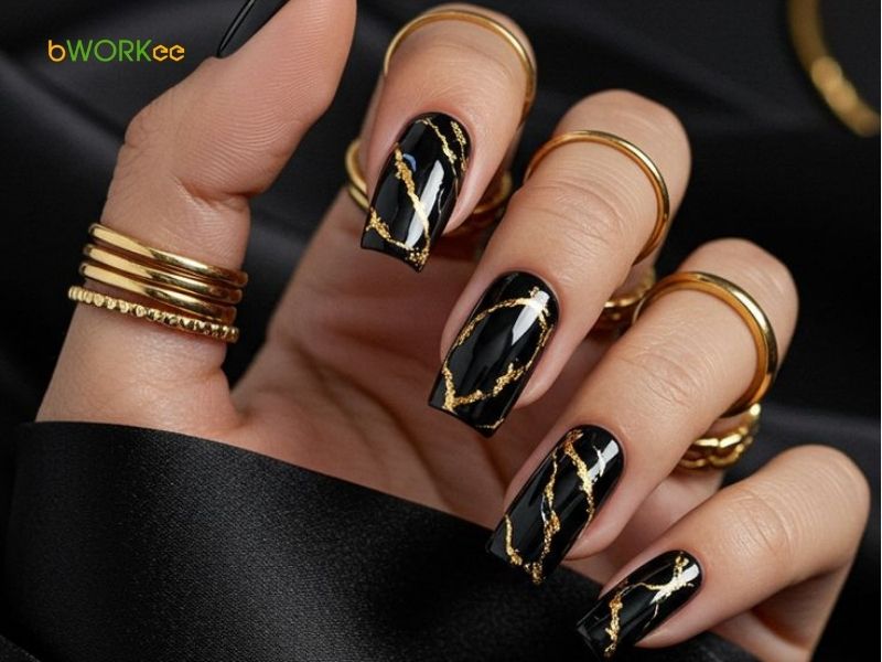 Nail xinh màu đen cầu vồng/họa tiết vàng