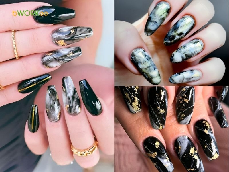 Nail màu đen vân nổi/vân đá