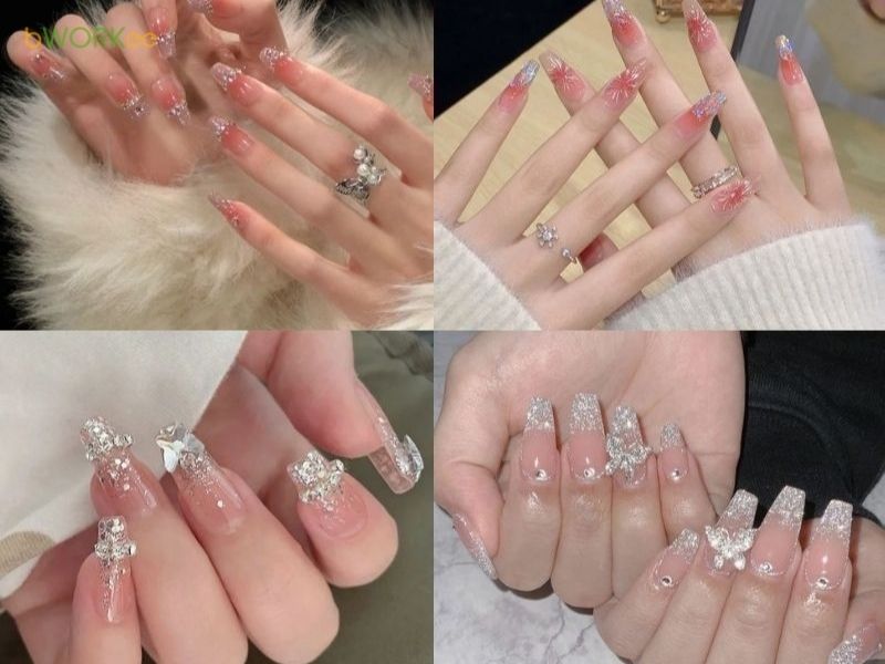 Mẫu nail hồng có kim tuyến và đính đá