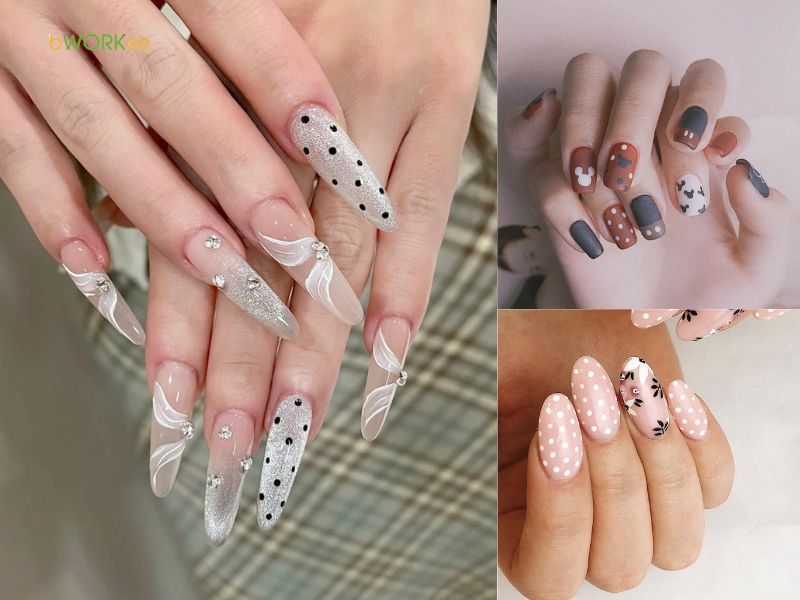 Nail nhũ họa tiết sọc chéo và chấm bi