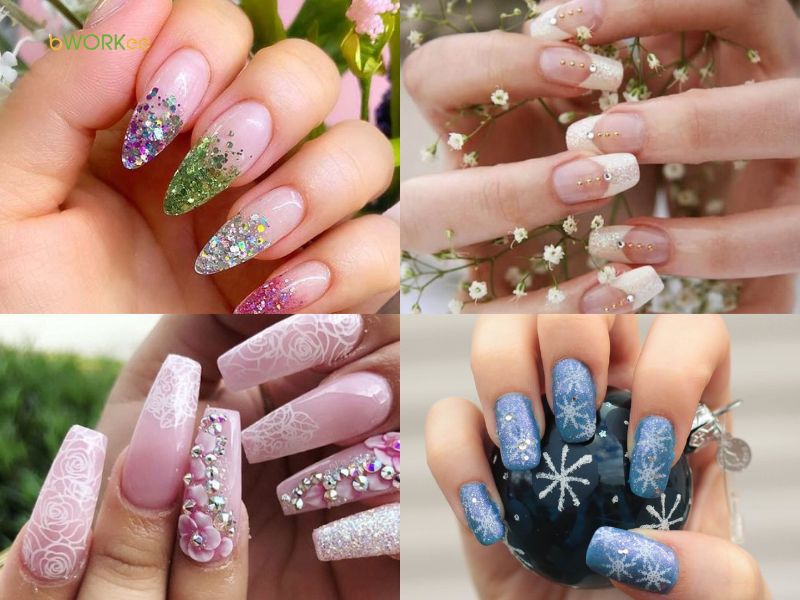 Nail nhũ kim tuyến đính hoa