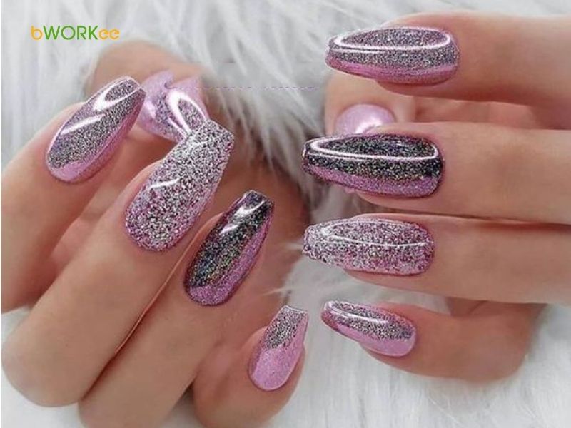 Nail màu tím phủ kim tuyến