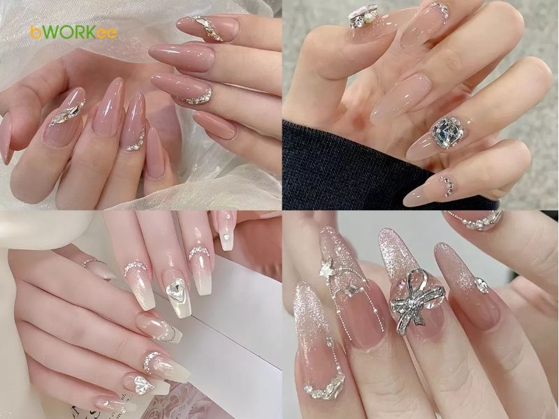 Mẫu nail đính đá cô dâu và mẫu nail cưới đính đá