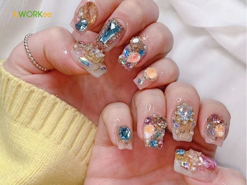 Mẫu nail đắp bột đính đá đẹp và mẫu nail đính đá khối