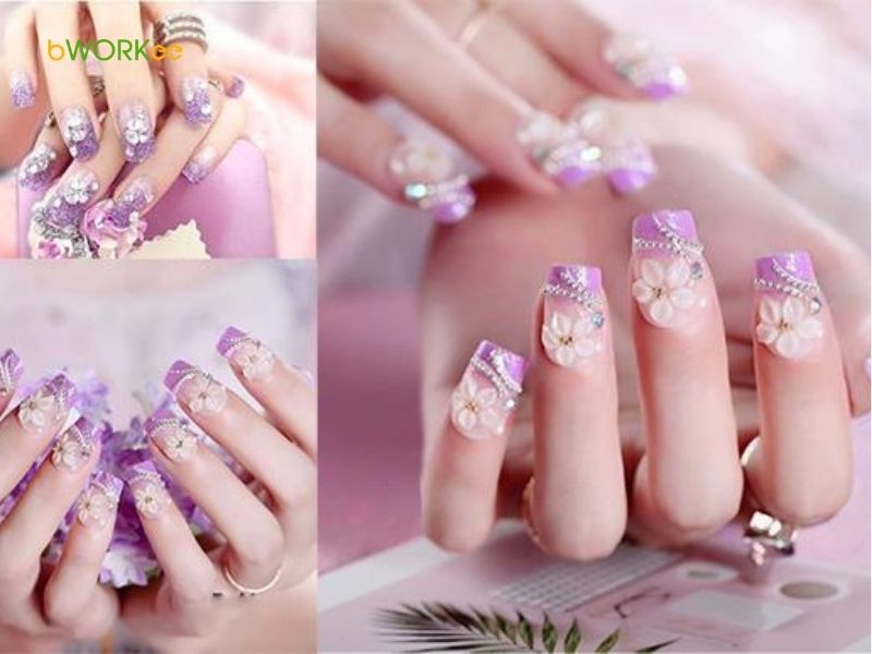 Mẫu nail đính đá màu xanh tươi mát và màu tím