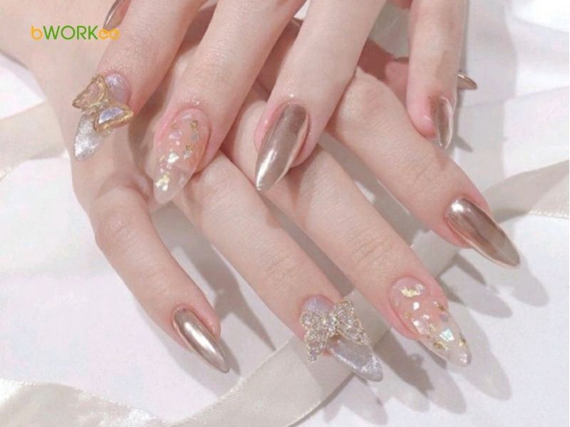 Mẫu nail thạch đính đá đơn giản và mẫu nail tráng gương đính đá