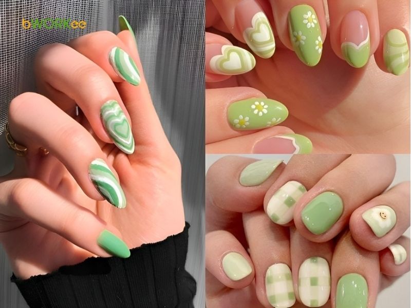Nail xanh lá vẽ hoạt hình / Phối ren