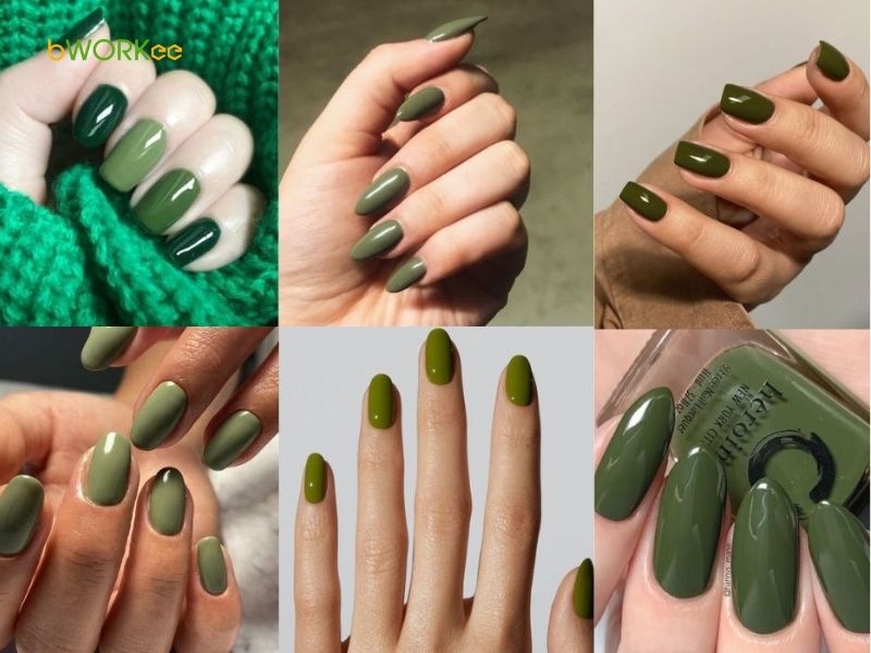 Nail màu xanh rêu đậm / những mẫu nail màu xanh rêu
