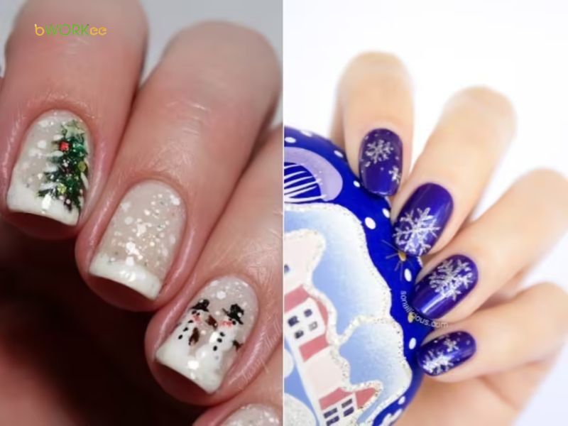 Mẫu móng vẽ hoa tuyết màu xanh đẹp thời thượng