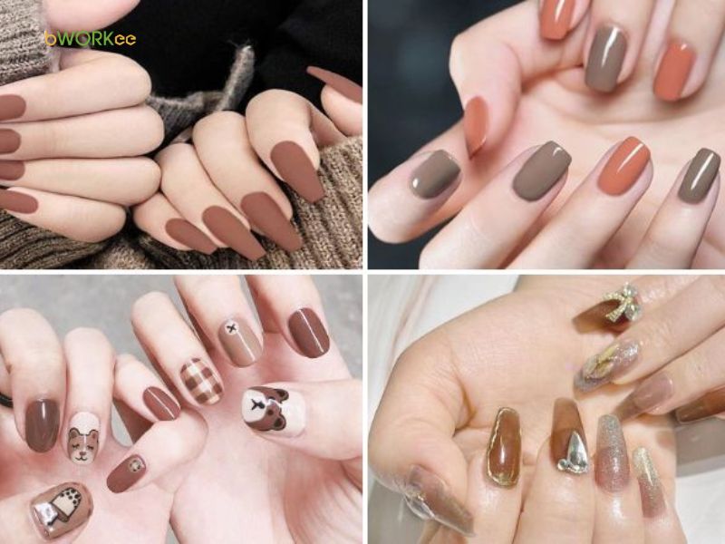 Mẫu nail vẽ hoa đẹp màu nâu sang trọng