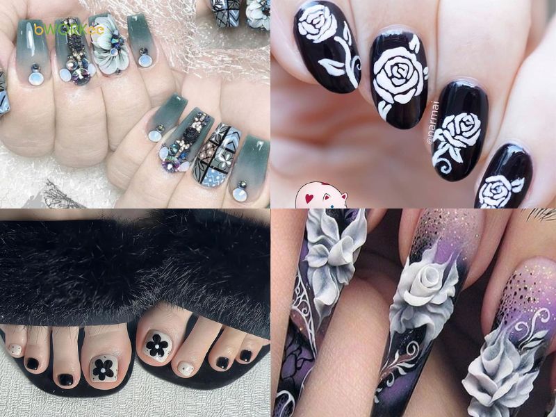 Mẫu nail vẽ hoa đẹp tone đen