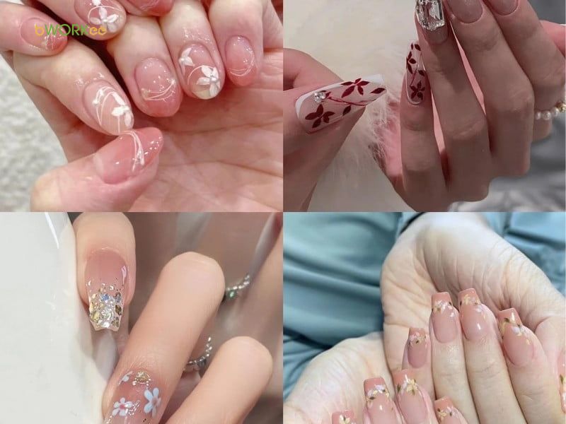 Móng vẽ hoa nude hiện đại