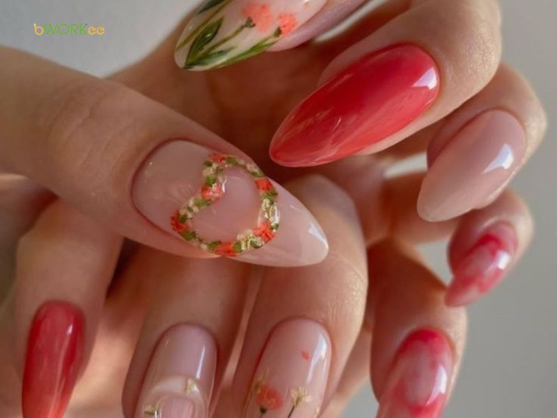 Nail vẽ hoa đỏ rực rỡ