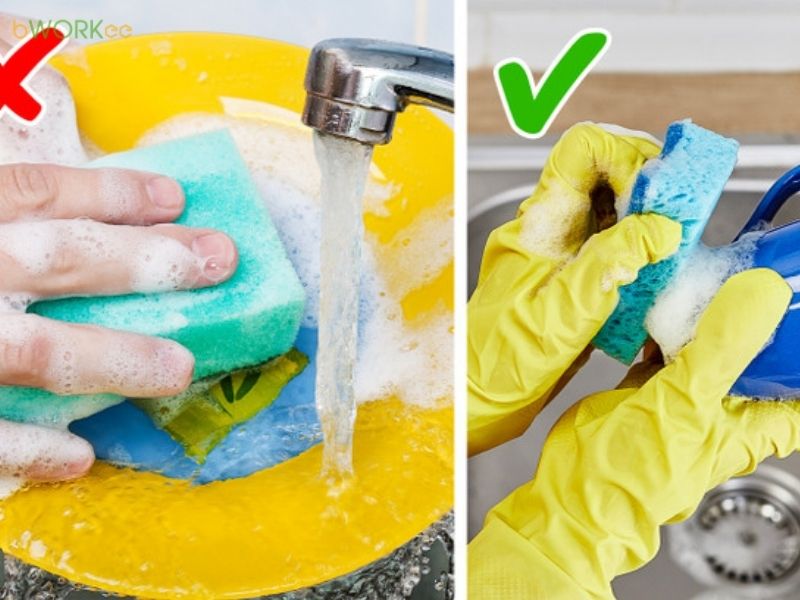  Đeo găng tay khi rửa ch&eacute;n, giặt đồ hoặc d&ugrave;ng h&oacute;a chất